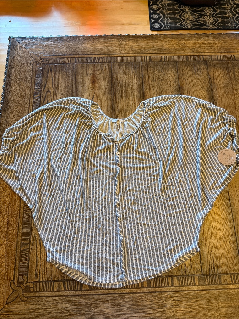 white birch Striped Short Sleeve Faux Button Front Tunic - Gray & White